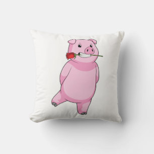 Pig with Rose Flower Throw Pillow