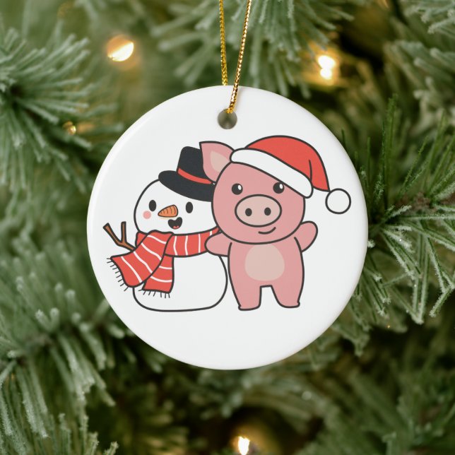 Pig With Snowman In Winter For Christmas Ceramic O Ceramic Ornament (Tree)