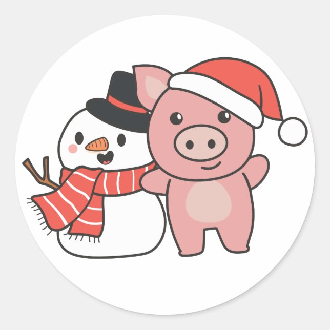 Pig With Snowman In Winter For Christmas Classic R Classic Round Sticker (Front)