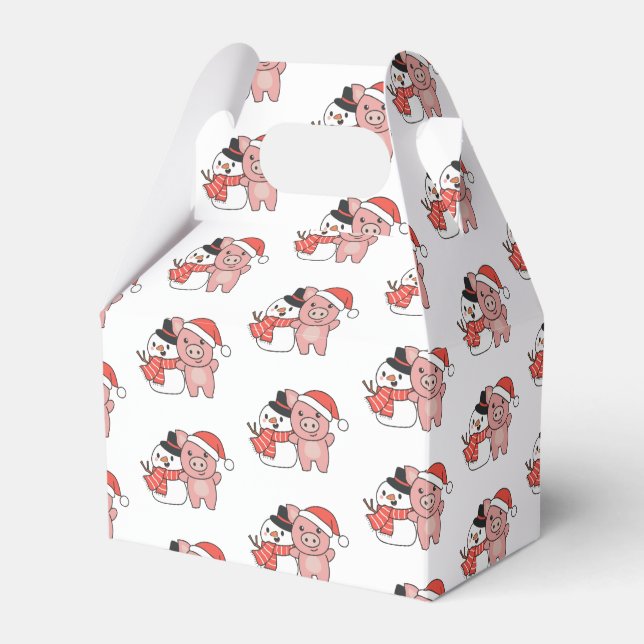 Pig With Snowman In Winter For Christmas Favor Box (Front Side)