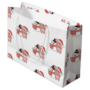 Pig With Snowman In Winter For Christmas Large Gif Gift Bag
