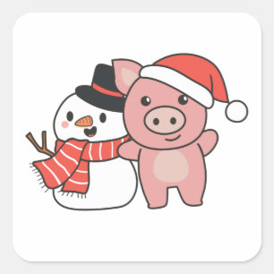 Pig With Snowman In Winter For Christmas Square Sticker