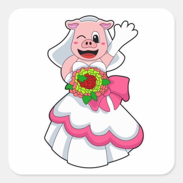 Pig with Wedding dress & Bunch of Flowers Square Sticker (Front)