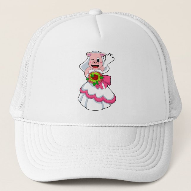 Pig with Wedding dress & Bunch of Flowers Trucker Hat (Front)