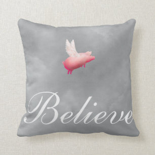 Pig With Wings-Believe Throw Pillow