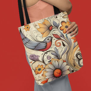 Pigeon and Floral Design Summer Tote Bag