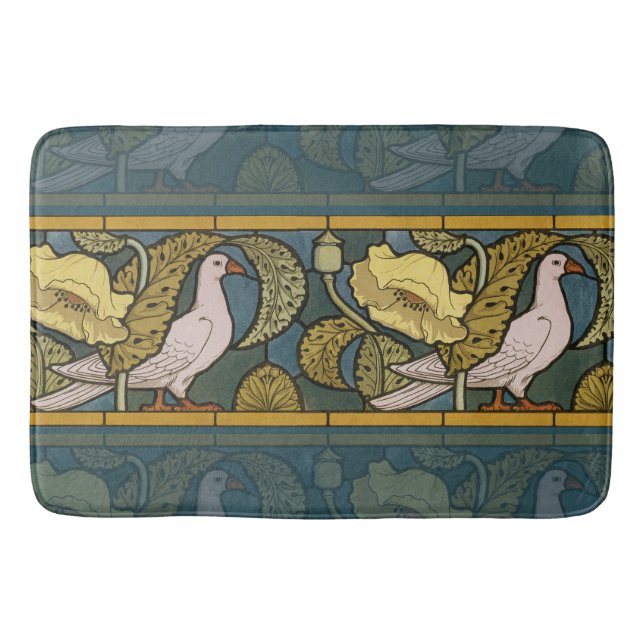Pigeon Blue Yellow Fish Art Nouveau Bath Mat (Front)