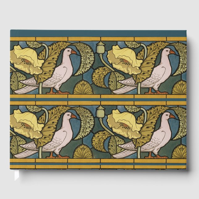 Pigeon Blue Yellow Fish Art Nouveau Guest Book (Front)