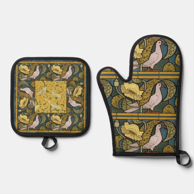 Pigeon Blue Yellow Fish Art Nouveau Oven Mitt & Pot Holder Set (Front)