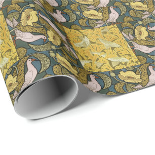 Pigeon Blue Yellow Fish Art Nouveau Wrapping Paper