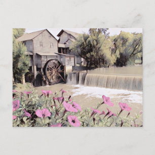 Pigeon Forge Old Mill watercolor with flowers Postcard