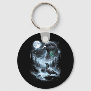 Pigeon Howling At Moon 90s Retro Birdwatcher Keychain