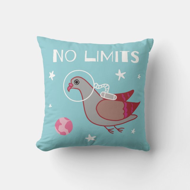 Pigeon in space No Limits Throw Pillow (Front)