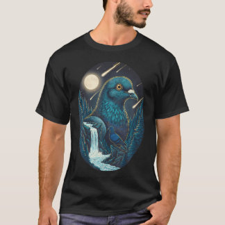 Pigeon Night Sky Moon Meteor Art Bird Nature T-Shirt