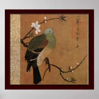 Pigeon on the Peach Tree Vintage Japanese Floral Poster
