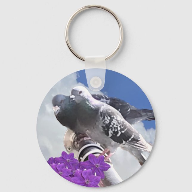 Pigeon Pair and Mauve Flowers   Keychain (Front)