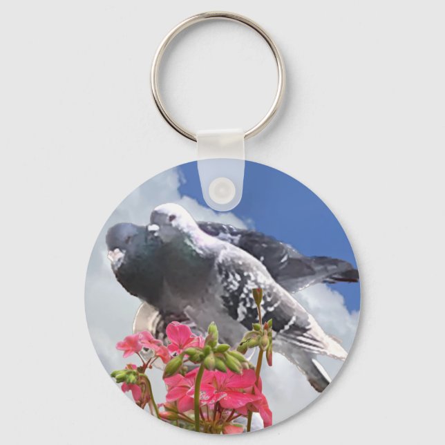 Pigeon Pair and Pink Geranium  Keychain (Front)