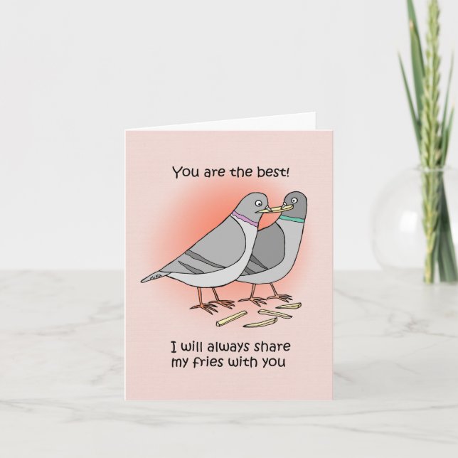 Pigeon Sharing French Fries Funny Friend Thank you Card (Front)