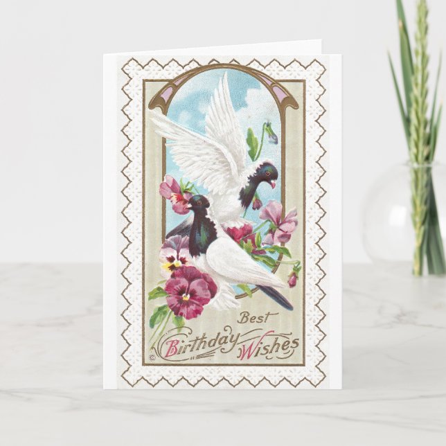 Pigeons and Pansies Vintage Birthday Card (Front)