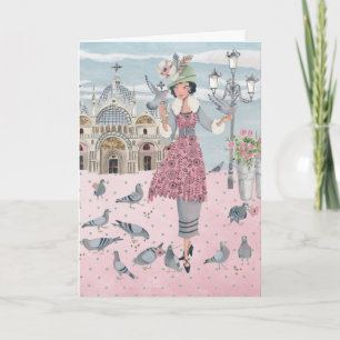 Pigeons Girl in Venice   Greeting Card