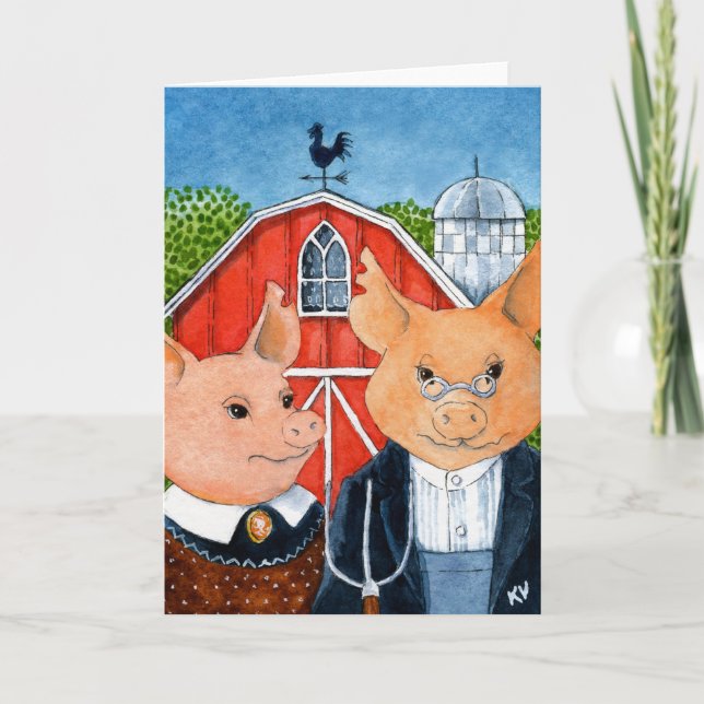 Piggies barnyard American Gothic carte de voeux (Devant)
