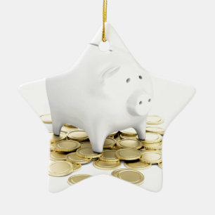 Piggy bank and coins ceramic ornament