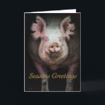 Piggy greetings holiday card<br><div class="desc">A pig walking out of a dark barn,  with "Seasons Greetings" written below its face</div>