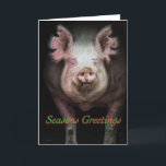 Piggy greetings holiday card<br><div class="desc">A pig walking out of a dark barn,  with "Seasons Greetings" written below its face</div>
