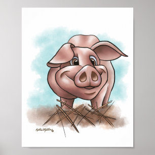 Piggy in the Straw Cartoon Poster
