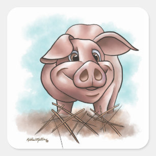 Piggy in the Straw Cartoon Square Sticker