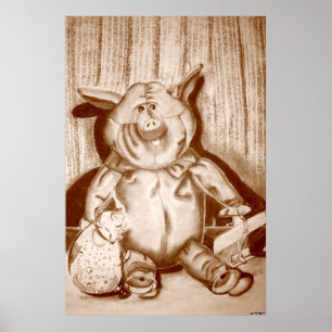 Piggy Stuffed Animal Brown Charcoal Drawing Poster