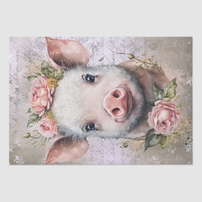 Piglet Farm Pig Floral Watercolor Tissue Paper (Front)