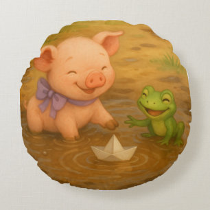 Piglet, Froglet, and Paper Boat, Watercolor by Na Round Pillow