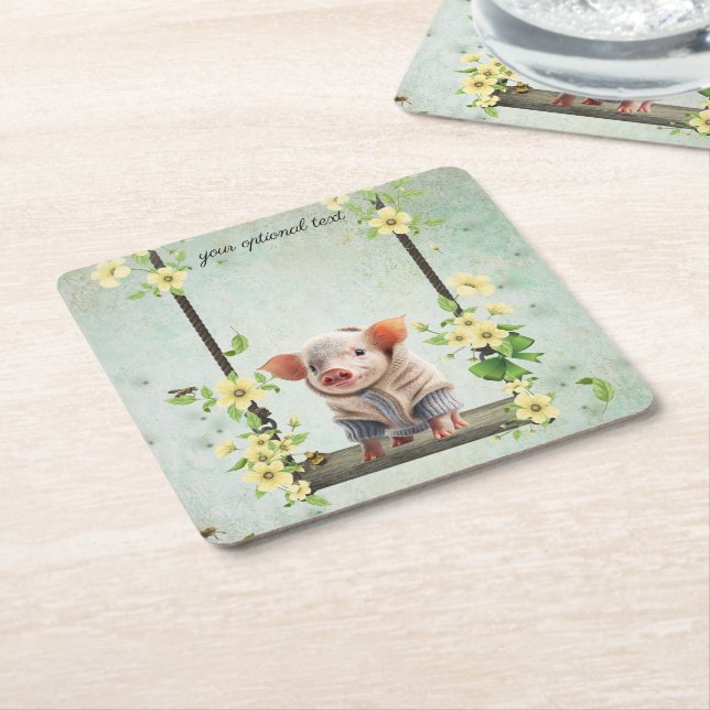 Piglet on a swing square paper coaster (Angled)