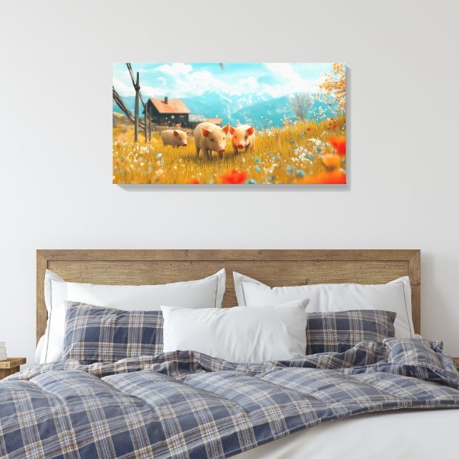 Piglets Playing in a Field Canvas Print (Insitu(Bedroom))