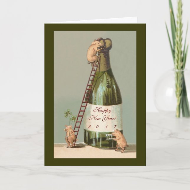 Pigs and Champagne; Cute 2017 New Year's Card (Front)