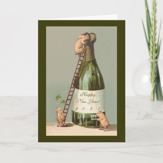 Pigs and Champagne; Cute New Year's Card (Front)