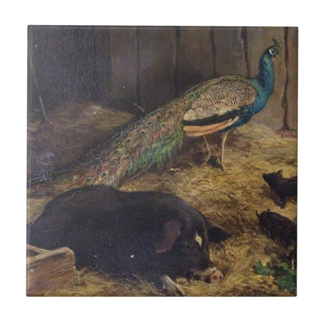 Pigs and Peacock by Charles Burton Barber in 1878 Tile (Front)