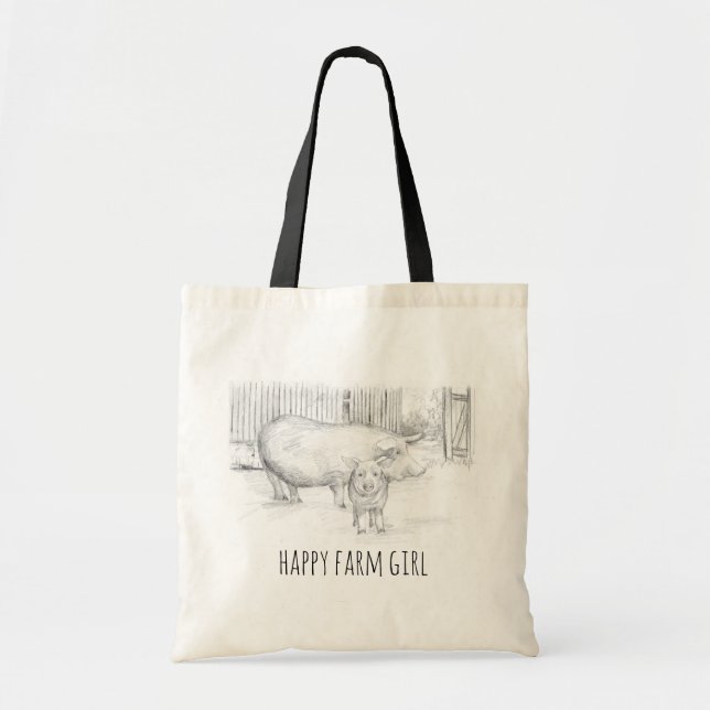 Pigs Farm Girl Barnyard Hand Drawn Animal Tote Bag (Front)