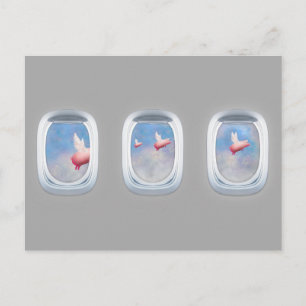 Pigs flying past airplane windows postcard