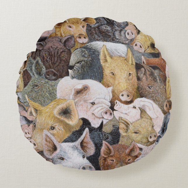 Pigs Galore Round Pillow (Front)