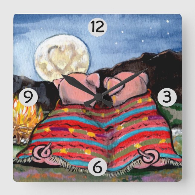 Pigs in a Blanket Romantic Night Moon Stars Art Square Wall Clock (Front)
