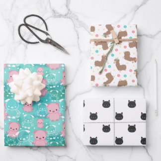 Pigs Llamas Cats Cute Mixed Animal Patterns Wrapping Paper Sheet
