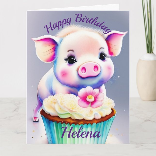 Pigs with cupcake water color card (Front)
