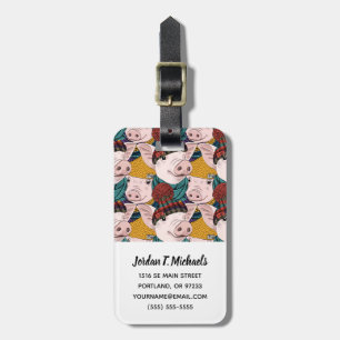 Pigs With Hats Pattern   Add Your Name Luggage Tag
