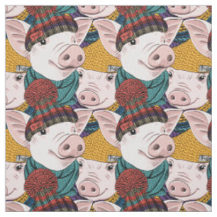 Pigs With Hats Pattern Fabric