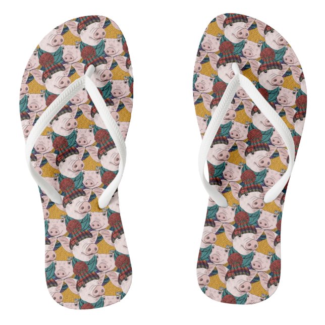 Pigs With Hats Pattern Flip Flops (Footbed)
