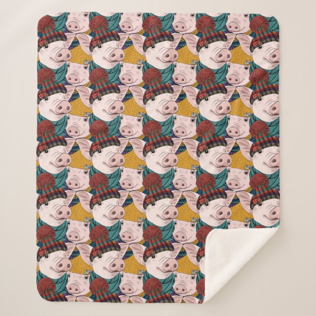 Pigs With Hats Pattern Sherpa Blanket (Front)