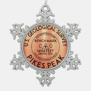 Pikes Peak Colorado Bench Mark USGS Benchmark Snowflake Pewter Christmas Ornament