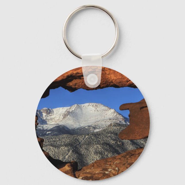 Pikes Peak seen through keyhole rock formation Keychain (Front)
